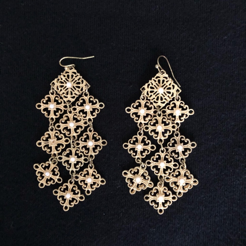 Filigree Gold and Pearl Chandelier Earrings